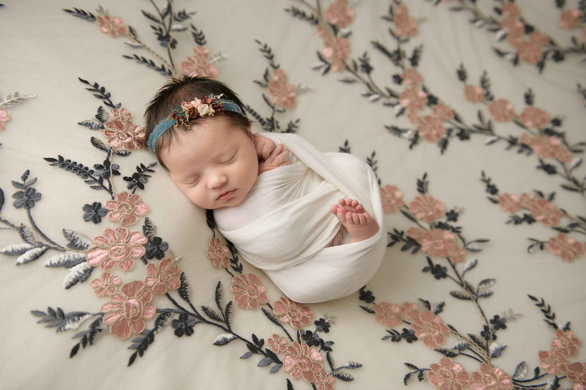 newborn baby picture on floral backdrop